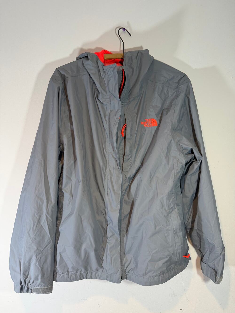 The North Face HyVent Rain Jacket Womens XL Grey Orange Hooded Waterproof